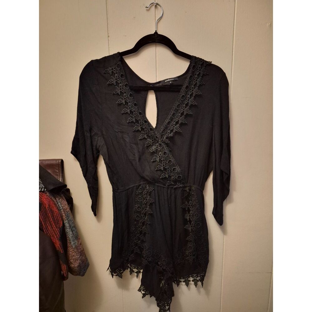 Ambiance Black Lace Whimsigoth Boho Tunic Top Bell Sleeve M